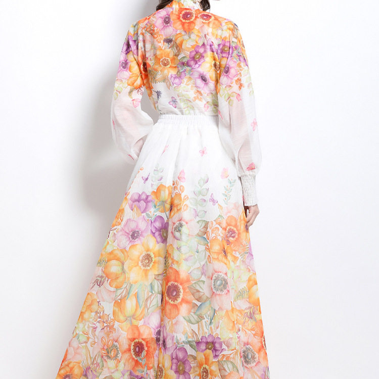 Floral Print Two Piece Set Slim Fit Shirt with Stand Collar Lantern Sleeves High Waisted Maxi Skirt for Vacation Wear