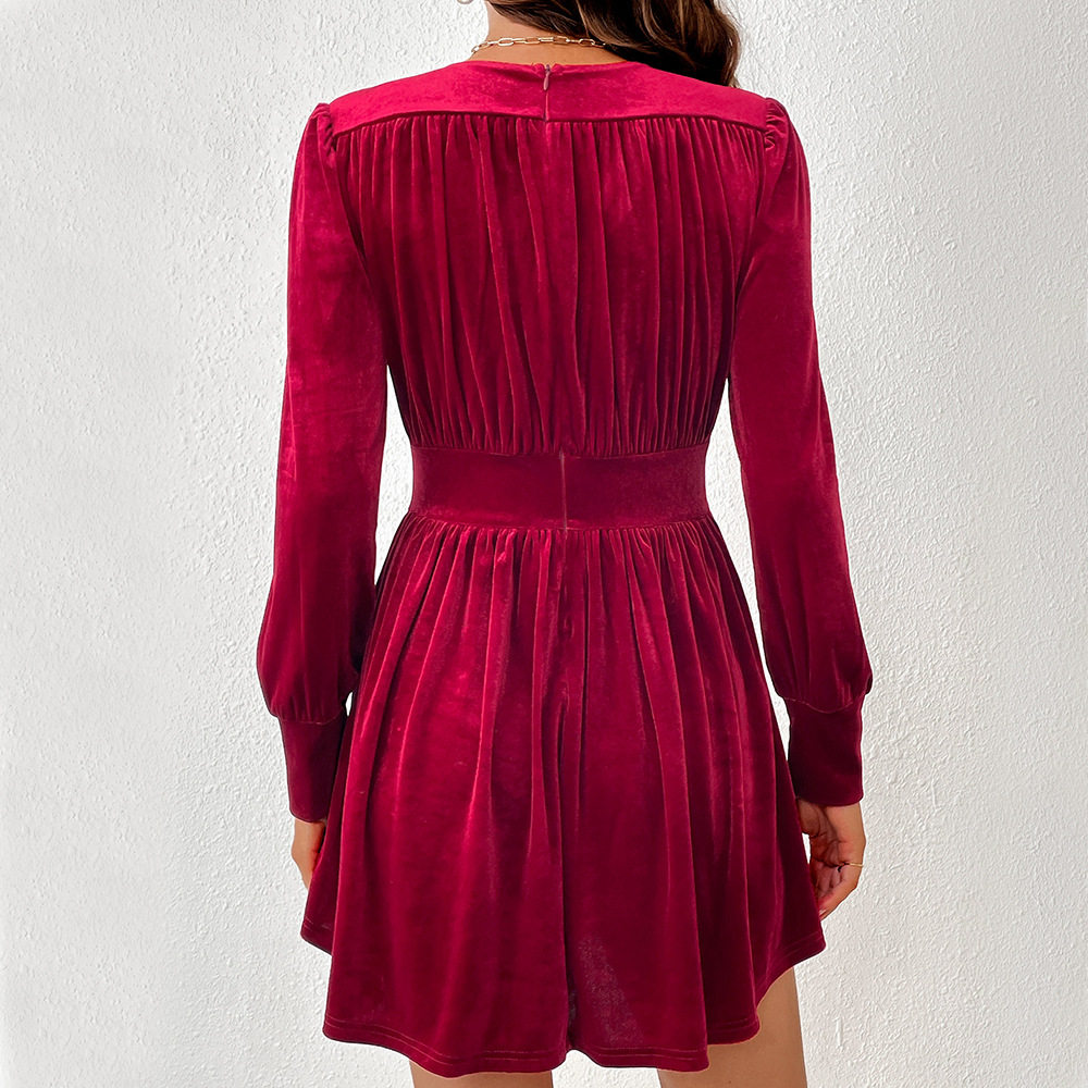 Velvet Party Dress V Neck Long Sleeve Waist Cinching Flared Skirt Autumn Winter Fashion Wholesale Available