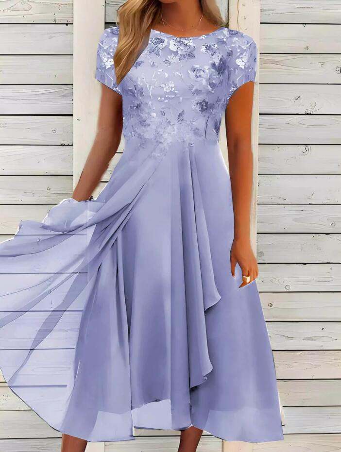 Chiffon Maxi Dress with Sequin Print Round Neckline Elegant Evening Wear Available in Multiple Colors and Sizes