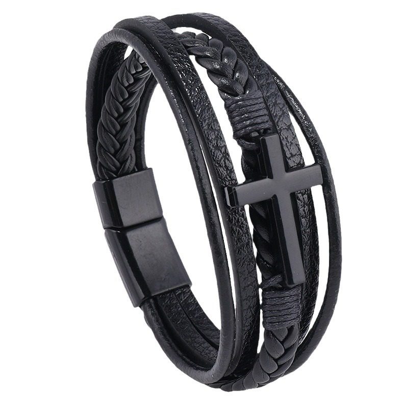 Europe and the United States hot new cross vintage leather bracelet men's multi-layer hand woven rope magnet buckle PU bracelet