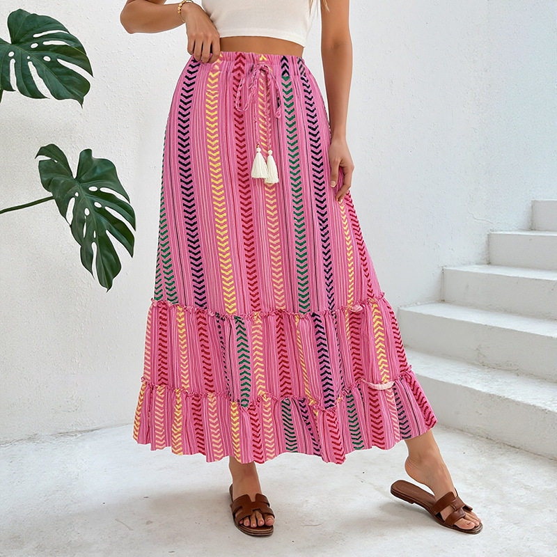 Bohemian Striped Print Skirt Summer Vacation Style Drawstring Tassel Details Lightweight Fabric Wholesale Available