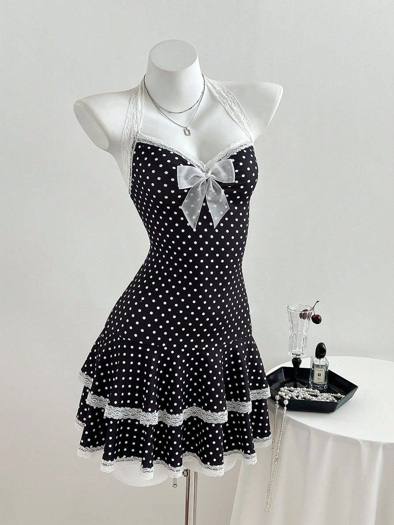 Lace Trim Polka Dot A Line Dress Adjustable Spaghetti Straps Waist Cinching Elegant Style Perfect for Summer Events