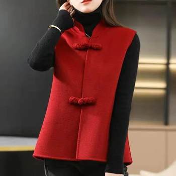 Vest Women's autumn and winter New Chinese style woolen slimming versatile waistcoat outer wear woolen vest short buckle coat