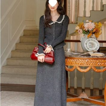 French Lace Splicing Lapel Knitted Two-Piece Autumn and Winter New Style Waist-Cinching Skirt Suit