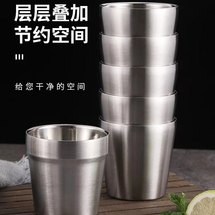 Amazon 304 Double-Layer Stainless Steel Cup Anti-Scalding Step Straight Sand Beer Milk Tea Cup Soju Coffee Cup Outdoor