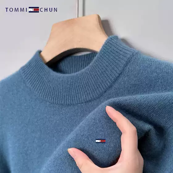 American genuine goods Tommy 100% Cardigan Men's Half Turtleneck Cardigan Middle-aged Casual Knitwear Plus Size