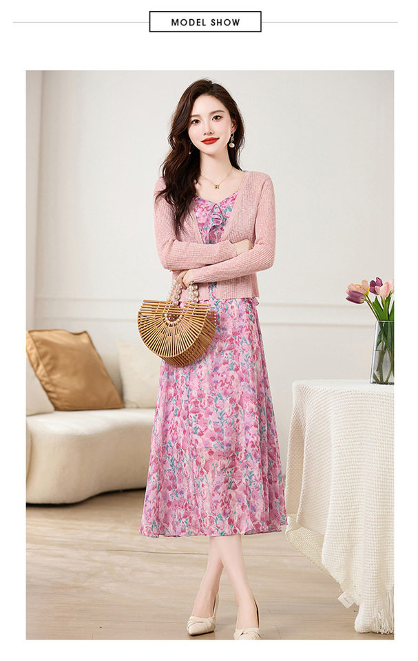 Set Áo Khoác Cardigan Dệt Kim Và Đầm Hai Dây Xòe Họa Tiết Hoa Phong Cách Thanh Lịch Màu Hồng, Xanh chi tiết 11