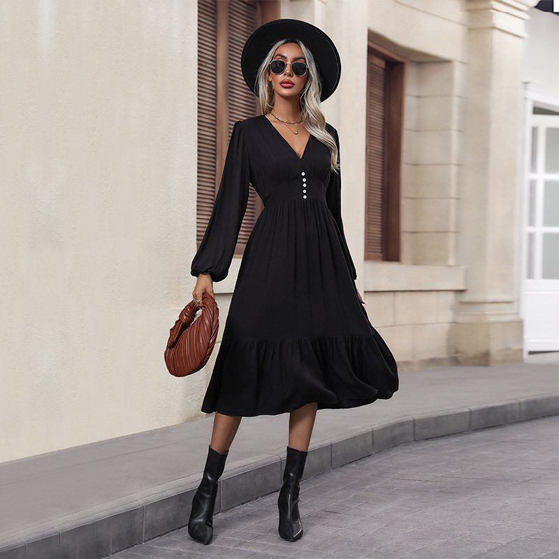 Vintage Solid Color V Neck Waist Tie Dress Autumn Collection Elegant Casual Wear Wholesale Available