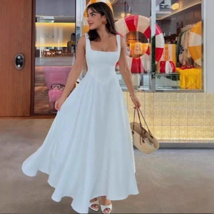 Elegant Solid Color Midi Dress for Women Slim Fit Spaghetti Straps Versatile Style Perfect for Parties and Events