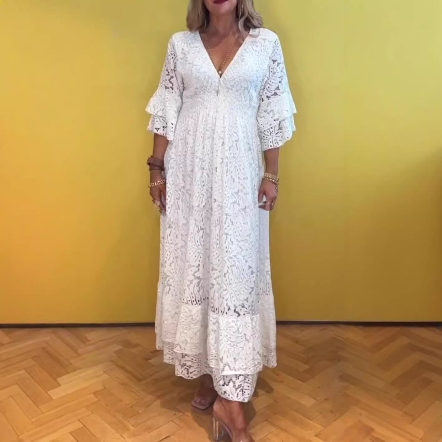 Lace Hollow Out Deep V Neck Dress Summer Style Solid Color Elegant Design Perfect for Parties or Casual Outings
