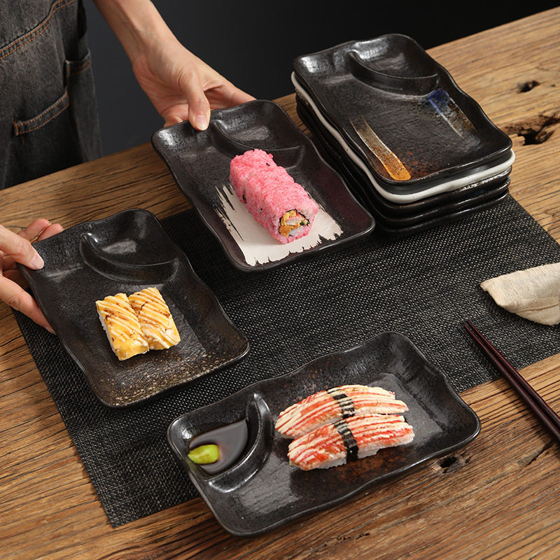 Japanese Style Dinner Plate Ceramic Partition Dumpling Plate with Dip Dish Distinctive Household Breakfast Plate Creative Partition French Fries Plate