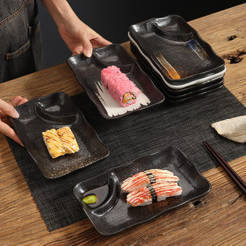 Japanese Style Dinner Plate Ceramic Partition Dumpling Plate with Dip Dish Distinctive Household Breakfast Plate Creative Partition French Fries Plate