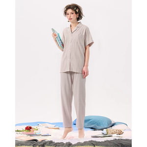 oysho日女情侣睡衣裤套装 无侧缝棉质双层纱短袖长裤家居服可外穿