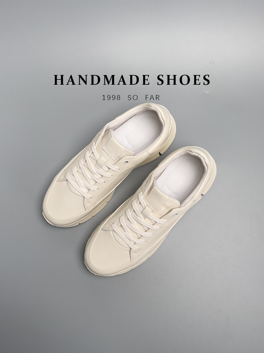 Giày sneaker nam da thật màu trắng phong cách Hàn Quốc, đế độn cao, dễ phối đồ — Màu trắng (tỷ lệ chất lượng trên 1000)