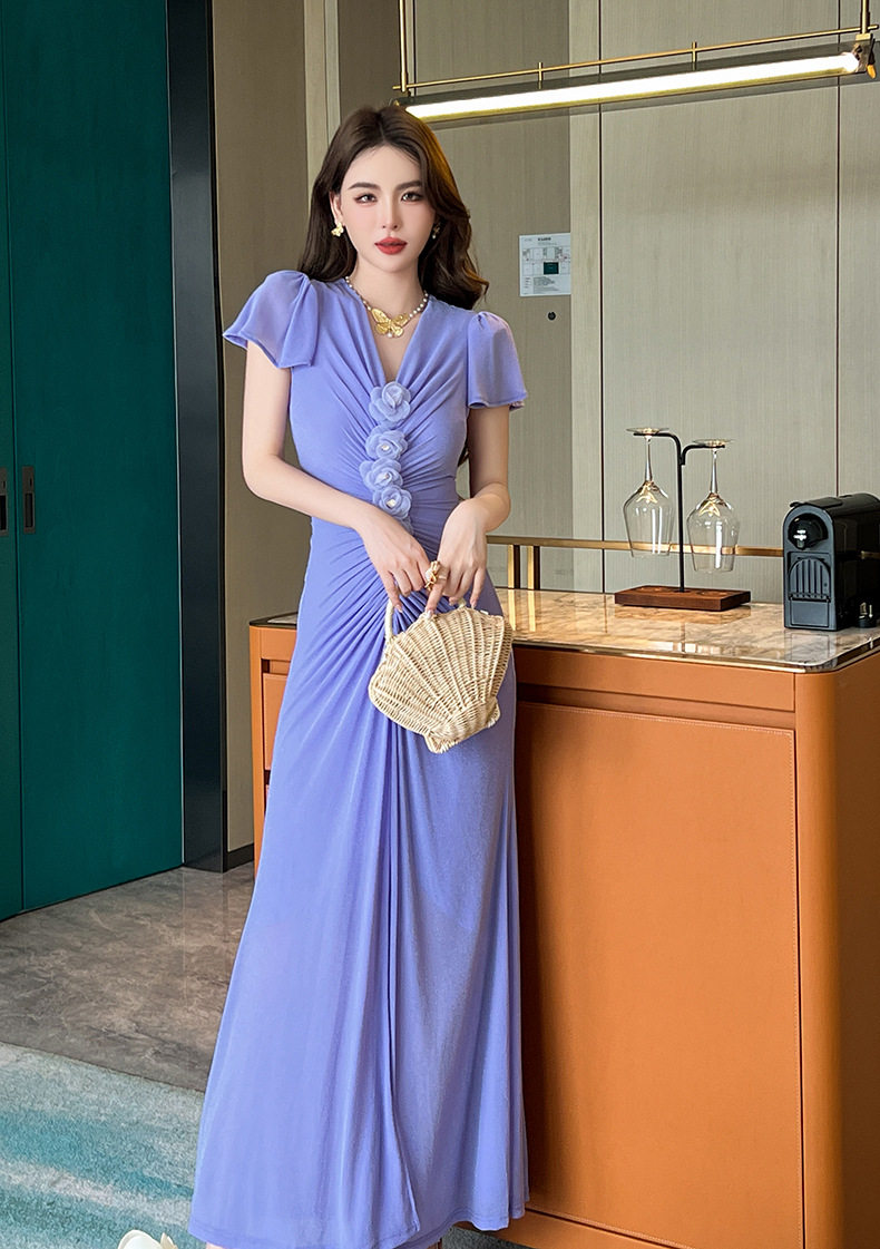 Đầm ôm body nữ phong cách Pháp cổ V tay ngắn eo cao — [Tử Đinh Hương] chi tiết 3