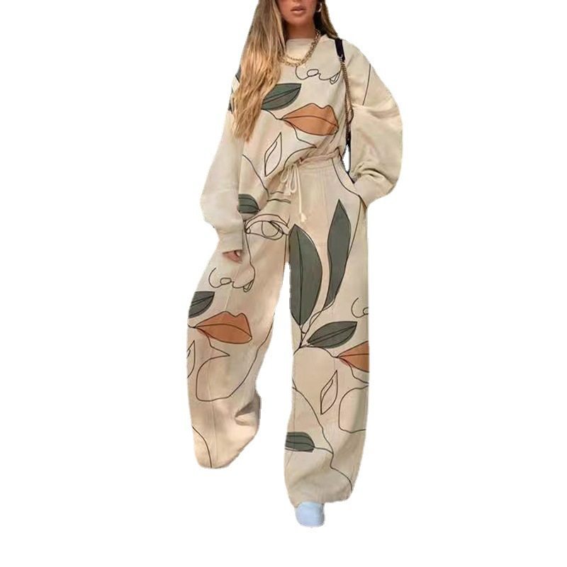 2025 European and American New Export Cross-Border Women's Casual Round Neck Loose Printed Basic Women's Sweatshirt Suit Autumn