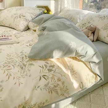 ins Style Cotton 100 Cotton Bed Four-piece Set Floral Spring and Summer Bedding Quilt Cover Sheet Three-piece Set Bed Cover