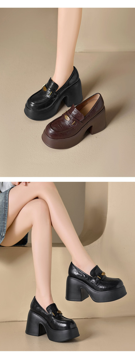 Giày lười nữ đế dày tăng chiều cao, mũi tròn da cừu, gót thô 10cm — màu đen, Màu nâu