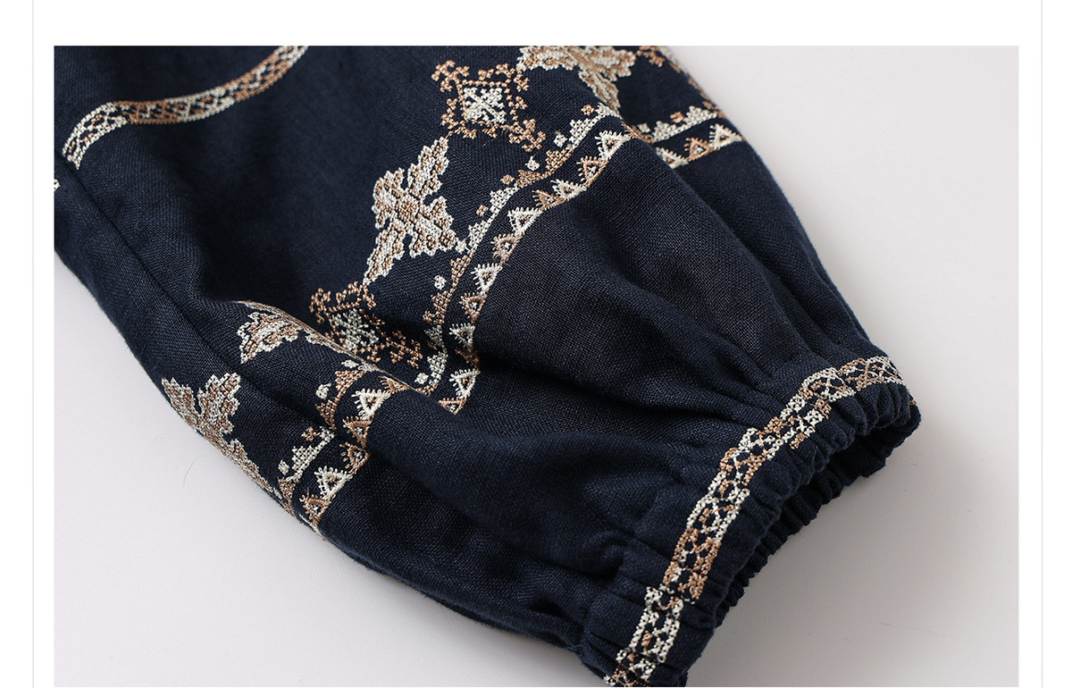 Áo sơ mi nữ linen dài tay thêu họa tiết dáng rộng — Màu trắng be, Màu xanh đậm, Màu xanh lam nhạt