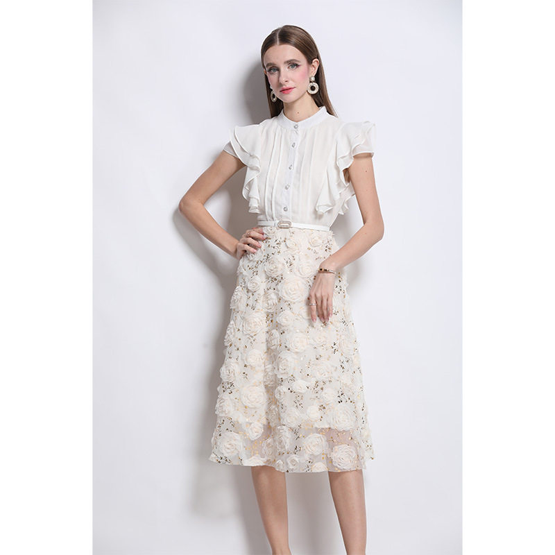 Elegant Midi Dress for Women French Style Floral Embellishments Waist Cinching Short Sleeves Perfect for Summer