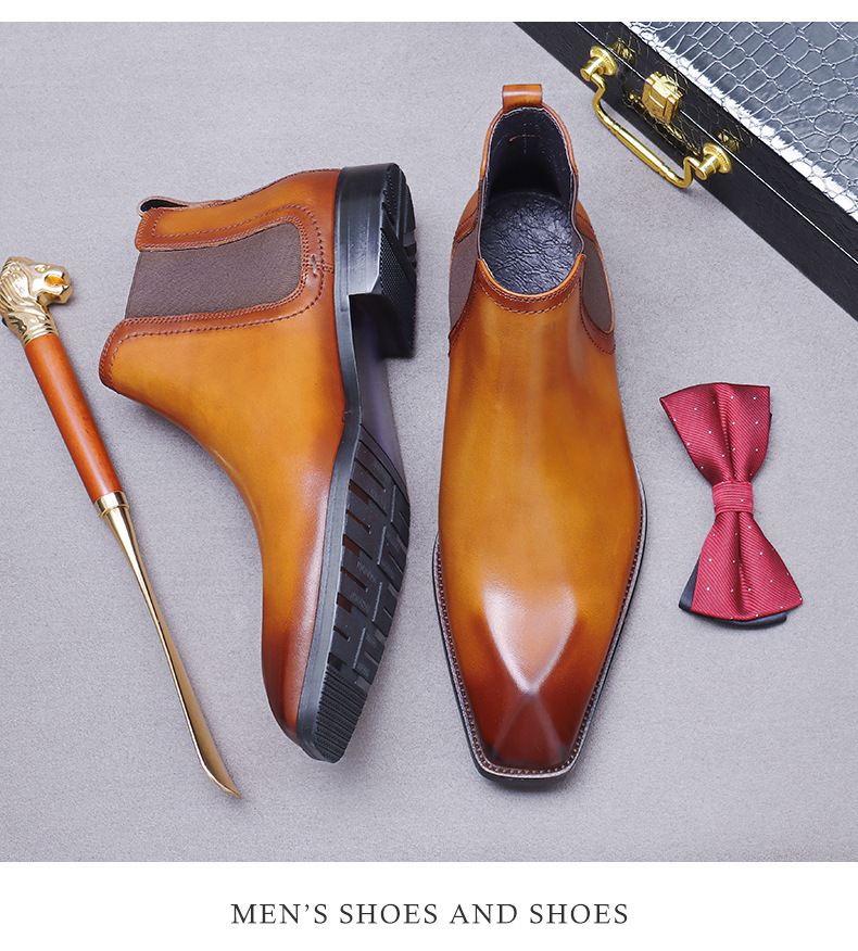 Giày Chelsea boot nam da bò thật cổ thấp dây chun hai bên — Màu nâu vàng, Màu đen (kiểu lót lông), Màu đen, Màu nâu vàng mẫu lót nhung