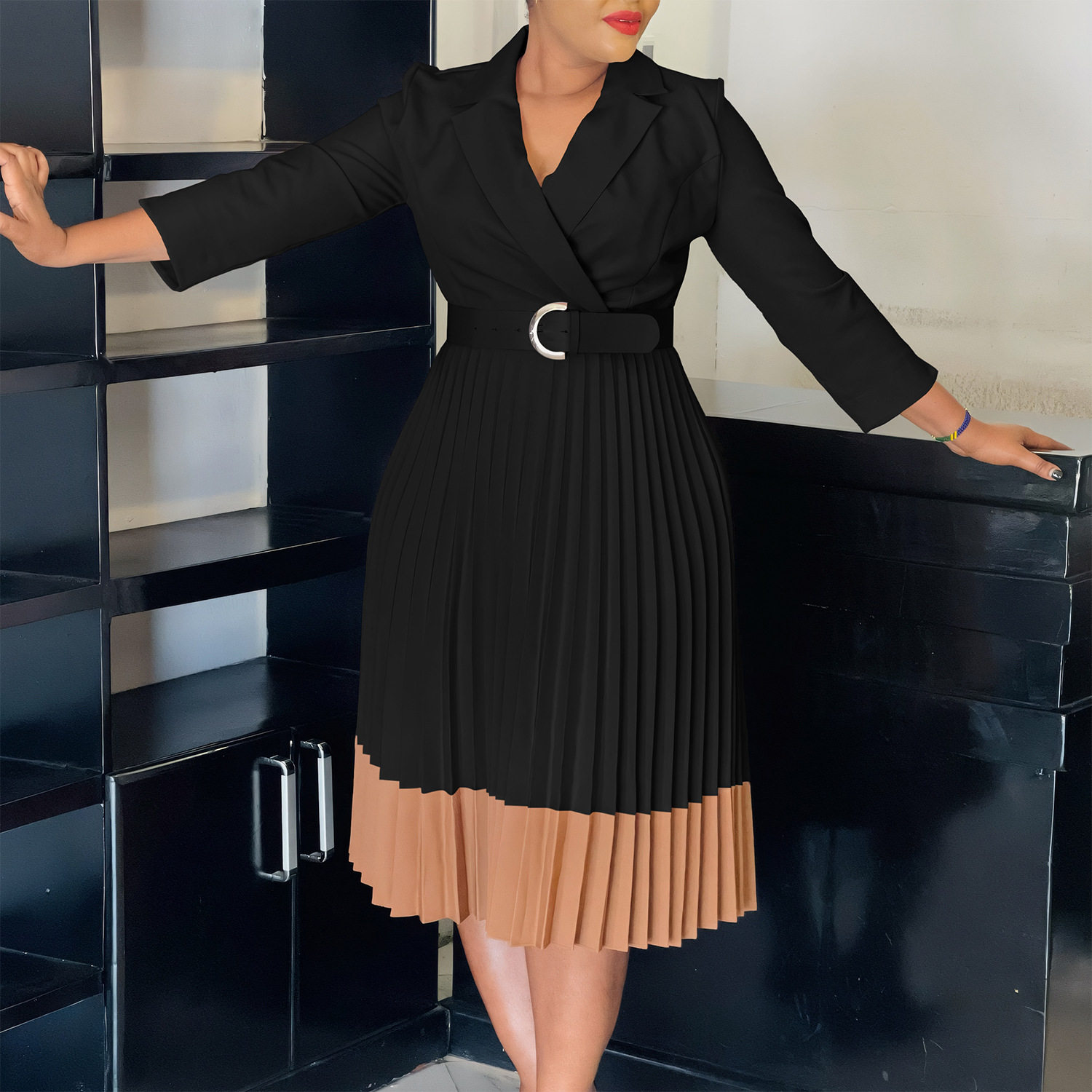 Elegant Color Block African Dress Spring Fashion Suit Collar High Waist Pleated Design Perfect for Office Wear