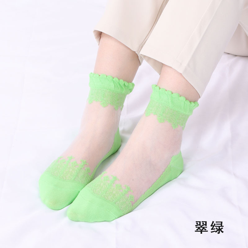 春季薄款中筒袜棉底玻璃丝袜子女蕾丝花边短款袜子防滑透气水晶袜