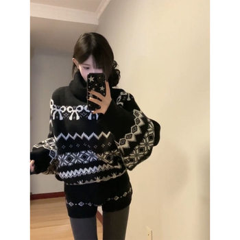 Ys Autumn and Winter American Retro Fair Isle Turtleneck Thick Pullover Sweater Knitted Top Women's Shorts Set Two-Piece Set