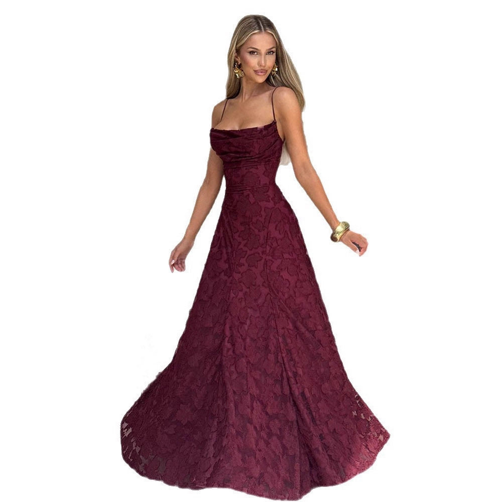 跨境亚马逊欧美风女装新款时尚百搭辣妹风酒红色性感吊带裙