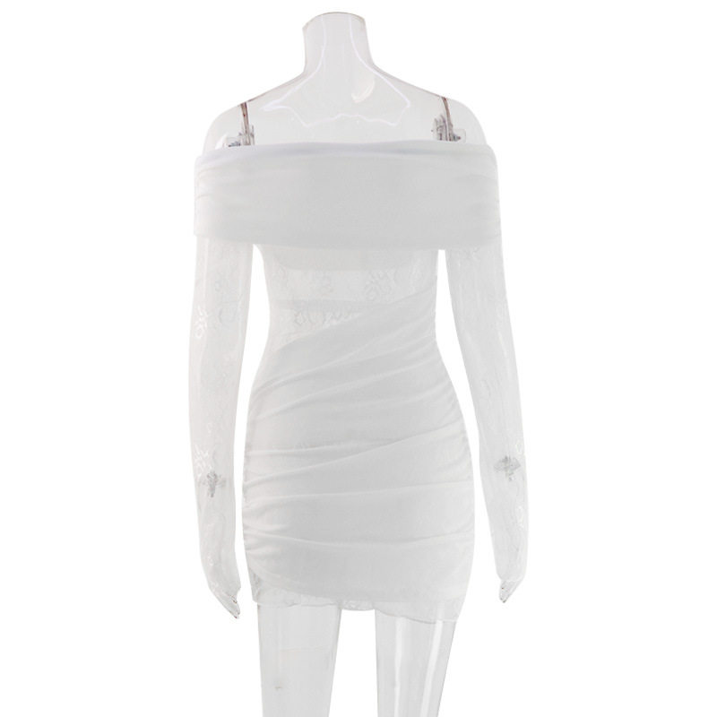 Lace Trimmed Off Shoulder Bodycon Dress Long Sleeve Pleated Design Elegant Style Perfect for Parties and Events