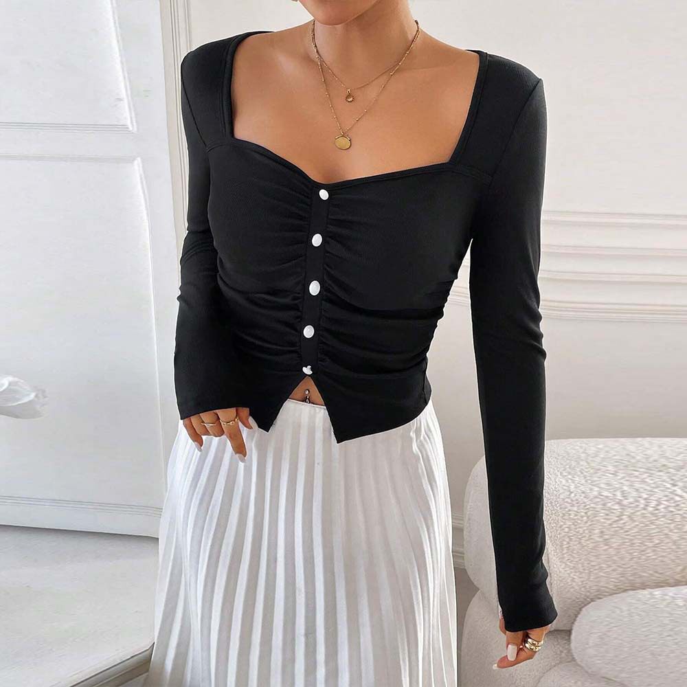 French Style Square Neck T Shirt Elegant Slim Fit Spring Summer Womens Fashion Top Wholesale Available
