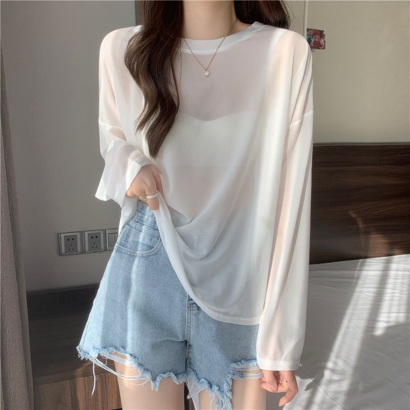 Womens Loose Fit Long Sleeve T Shirt Ice Silk Sun Protection Round Neck Versatile Style Summer Layering Top