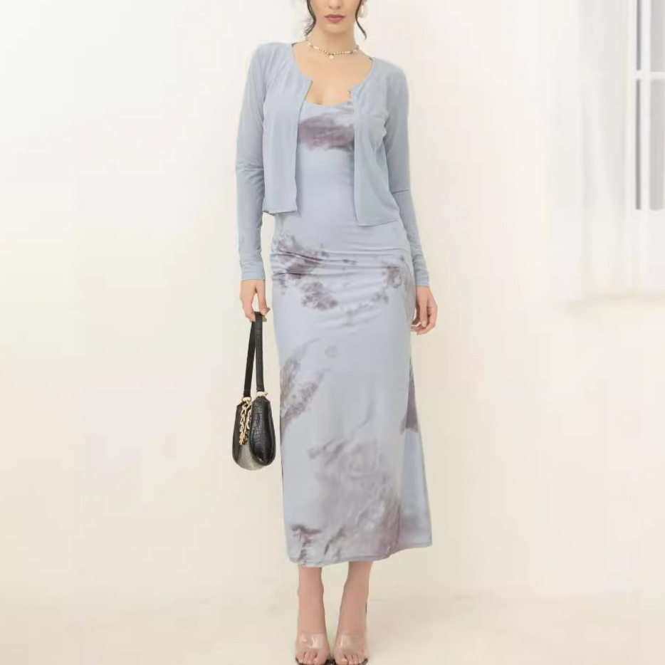 French Style Elegant Mermaid Skirt Set Slim Fit Spaghetti Strap Dress with Cardigan Autumn Fashion Wholesale Available