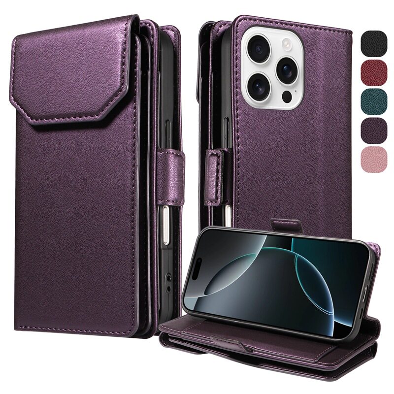 Suitable for Iphone17 Multi-Card Wallet Mobile Phone Leather Case Apple 15 Pure Color Card S25 Google 9A Protective Case