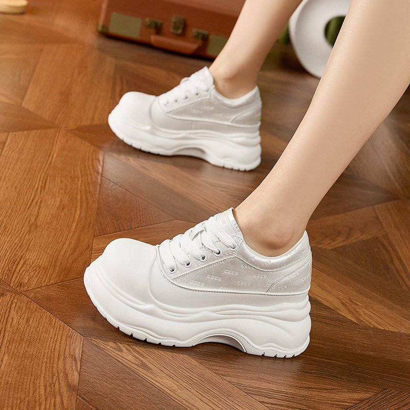 Giày sneaker nữ chunky đế dày platform trắng mũi tròn — Gạo trắng, Đen