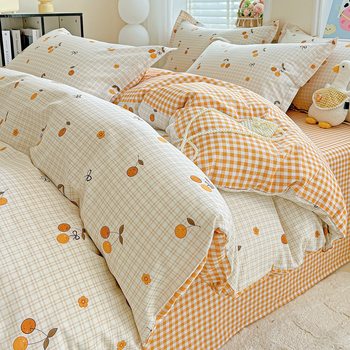 60S Fresh Pure Cotton Four-Piece Set for Student Dormitory, 100% Cotton Three-Piece Set of Bed Sheet, Duvet Cover, Fitted Sheet, Bedding