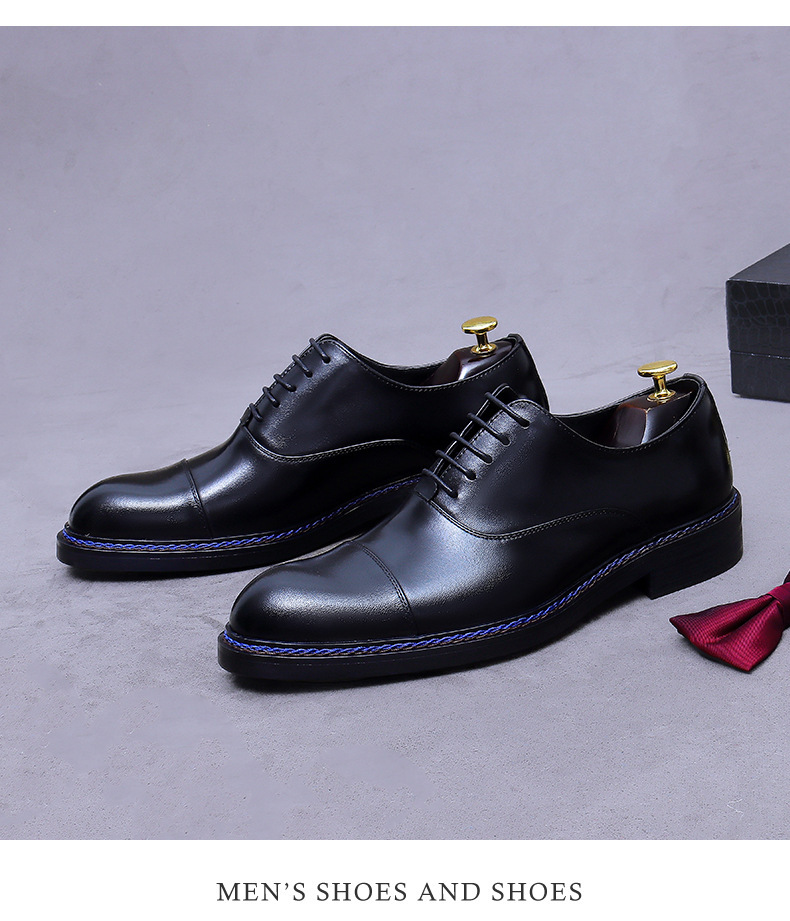Giày Oxford nam da bò thật mũi tròn buộc dây, giày công sở và giày cưới — Màu nâu (viền xanh), Màu nâu (viền đen), Đen (viền xanh), Đen (viền đen)