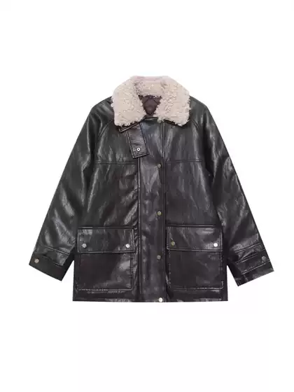 Foreign Trade Cross-Border Women's Clothing 2025 European and American Style Faux Fur Effect Collar Leather Jacket Coat 3548041