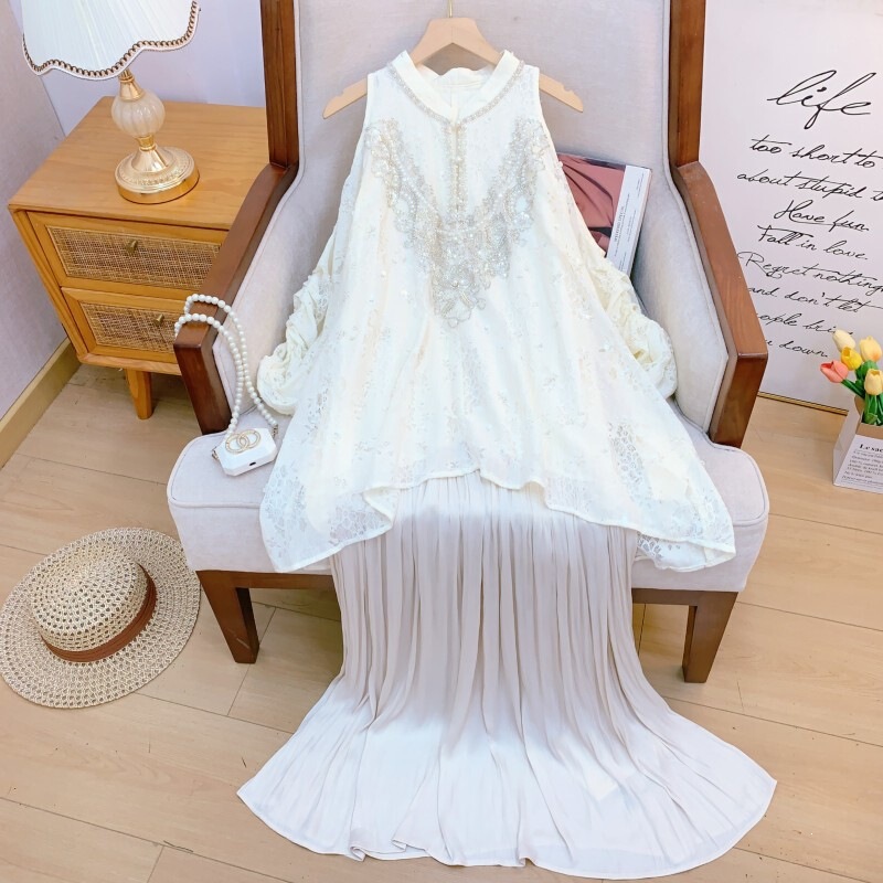 Đầm suông nữ thêu thủ công trễ vai tay phồng dáng dài — Màu nâu kaki - Chất lượng cao, Trắng cực quang, Xanh tuyết núi