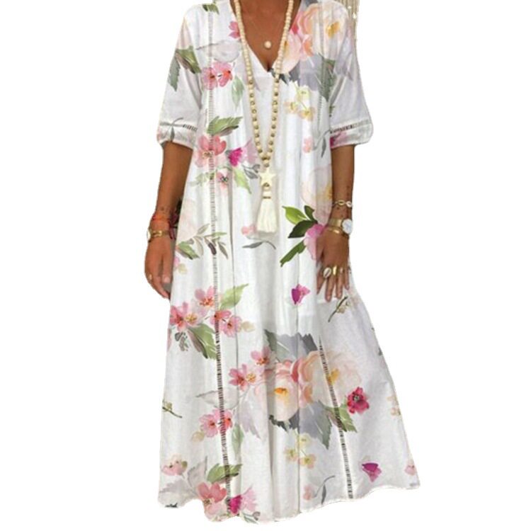 Summer Womens Long Dress Floral Print Lace Trim Elegant Style Perfect for Casual Outings Wholesale Available