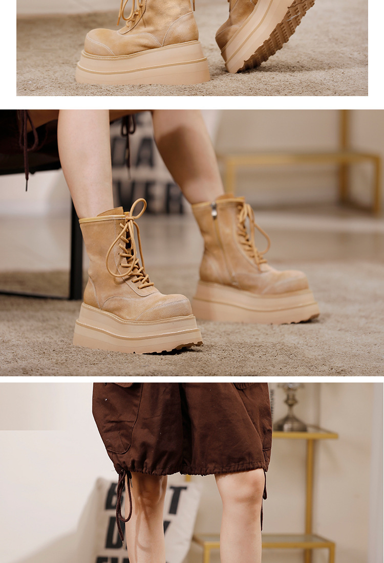 Boot Martin nữ đế dày cổ ngắn da bò thật tăng chiều cao — màu