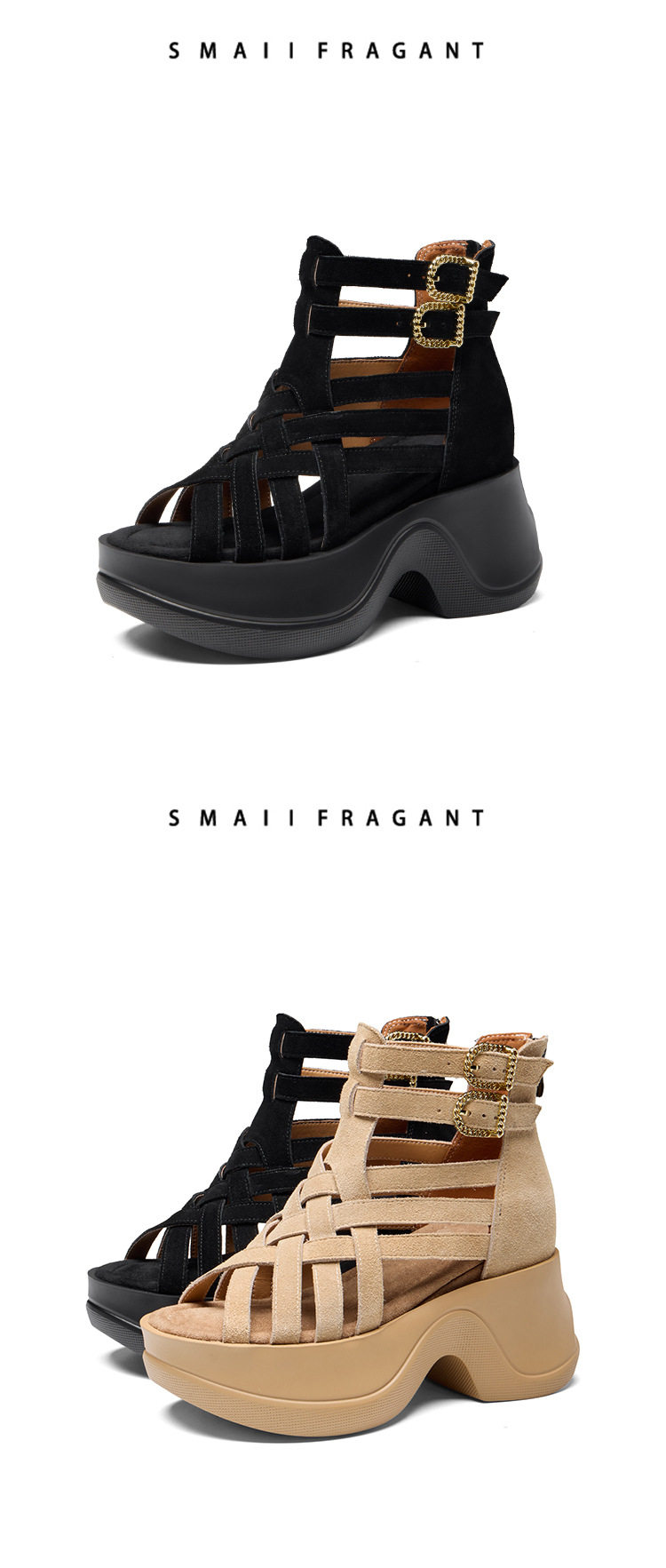 Boot cổ thấp nữ da lộn đế dày 10cm phong cách La Mã — [Màu hồng đào], [Màu đen] chi tiết 9