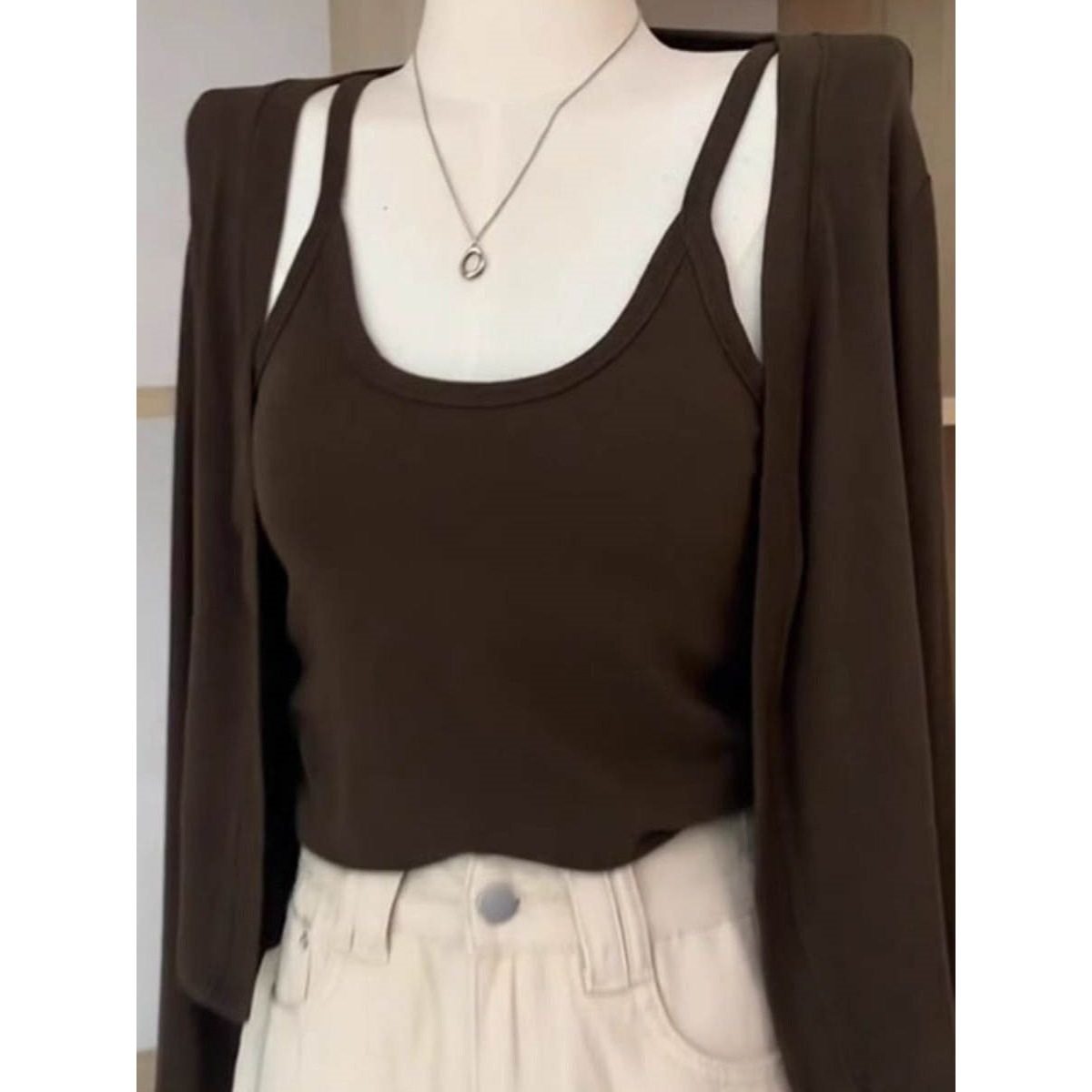 Modal Cotton Spring Sleeveless Suspender Cardigan Two-Piece Suit for Women Slimming Look Shawl Long-Sleeved Slim Top Outer Wear