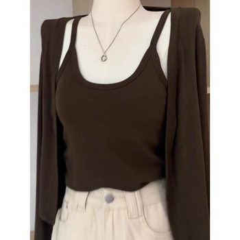 Modal Cotton Spring Sleeveless Suspender Cardigan Two-Piece Suit for Women Slimming Look Shawl Long-Sleeved Slim Top Outer Wear