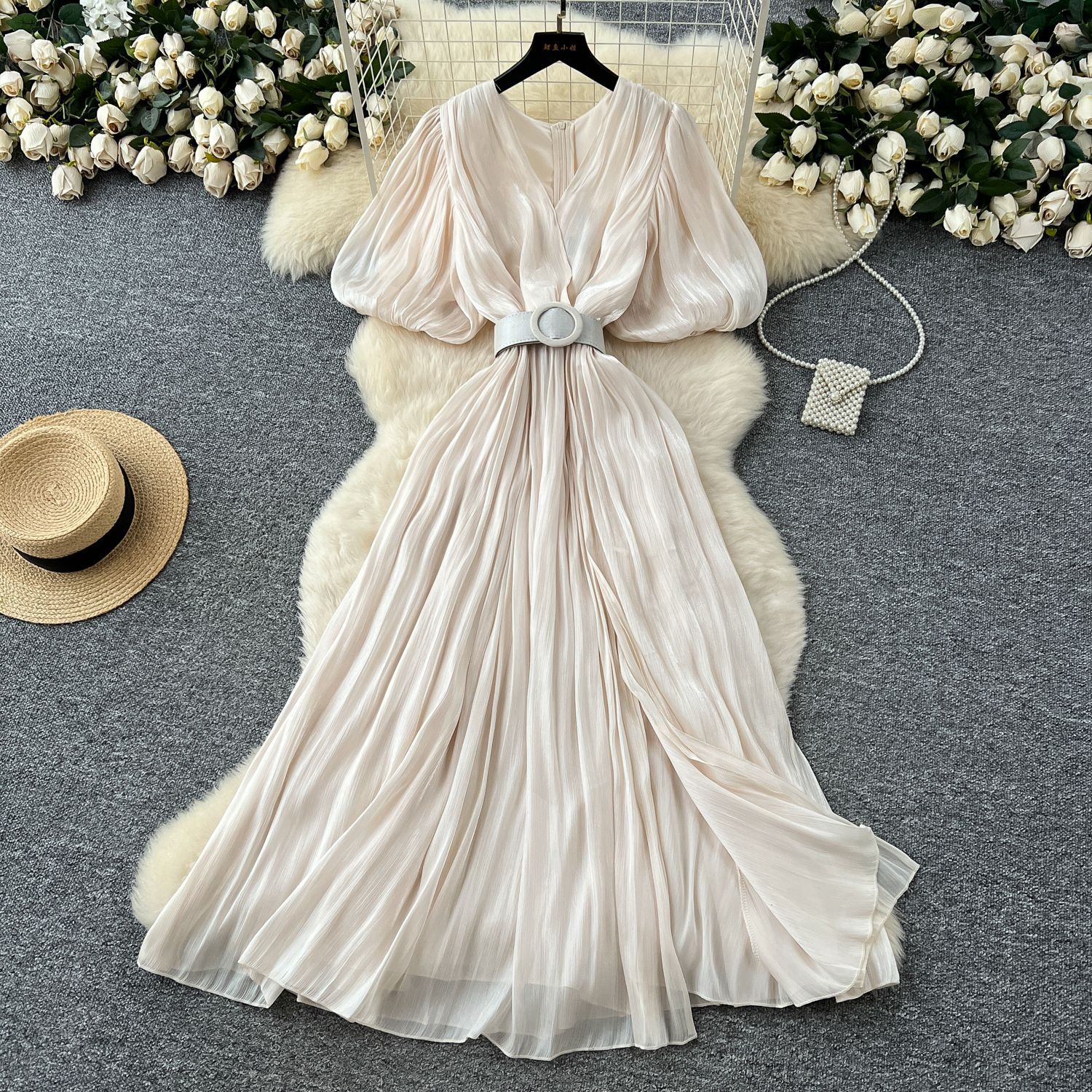 Elegant Puff Sleeve Maxi Dress for Women V Neck High Waist Design Summer Evening Wear