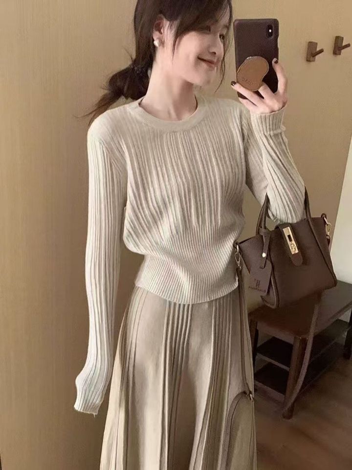 High Waist Pleated Knit Set Slim Fit Elegant Style Casual Chic Perfect for Autumn and Winter Wholesale Available