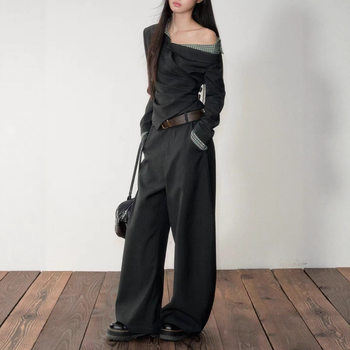 [Korean Girl] Korean Retro Plaid Splicing Fake Two-Piece Waist-Cinching Slanted Shoulder Top + Suit Pants Two-Piece Set