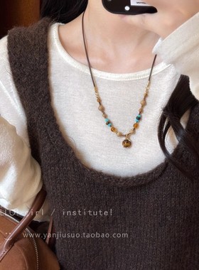 复古美拉德圆环虎眼石串珠项链女轻奢小众高级感毛衣链配饰颈链