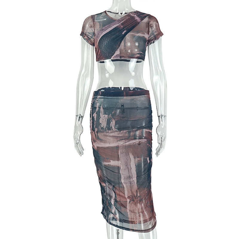 Casual Color Block Printed Dress Set for Women Short Sleeve Round Neck Bodycon Fit Trendy Summer Outfit Wholesale