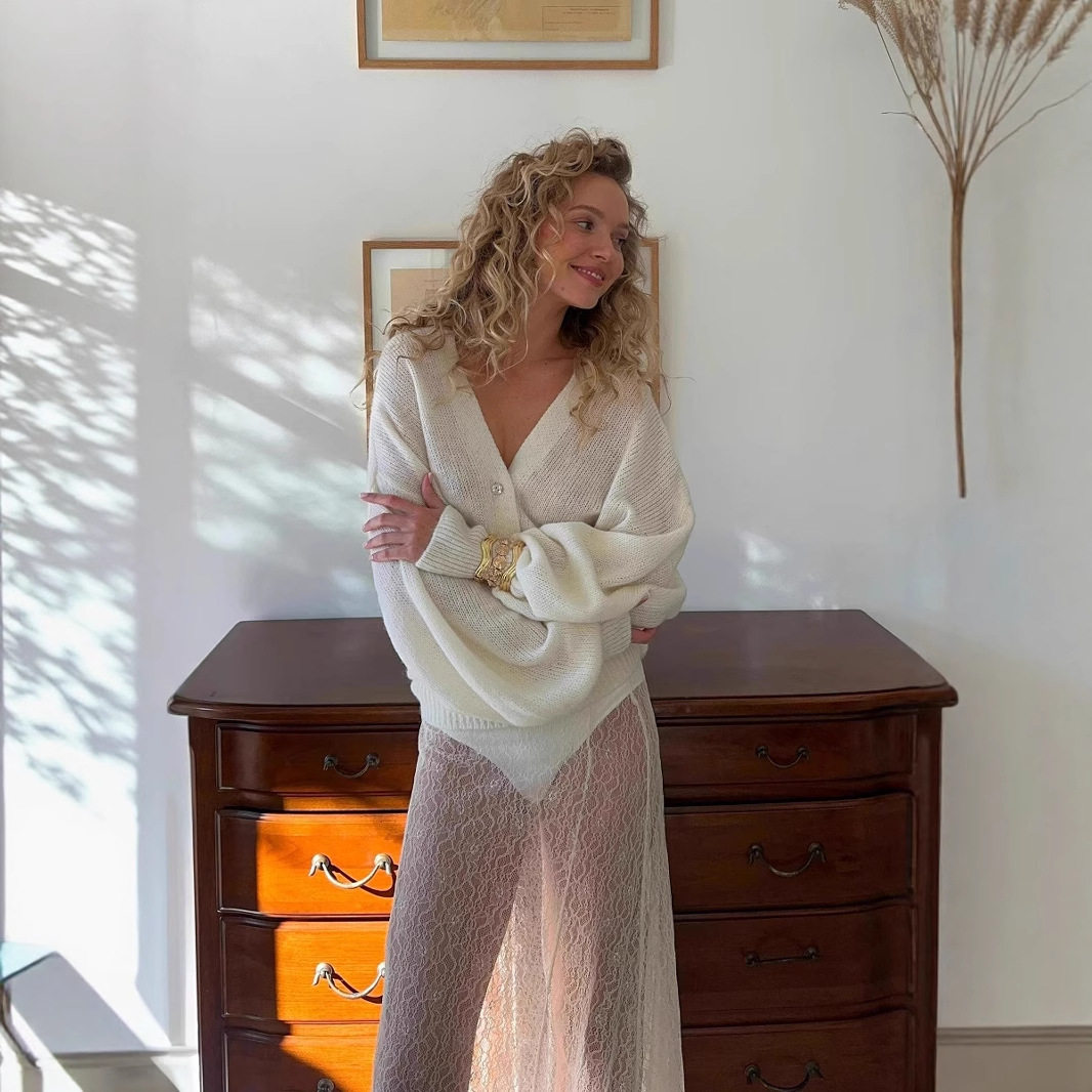 Soft Mohair V Neck Cardigan Hollow Out Design Lantern Sleeves Chic Style Perfect for Autumn Wholesale Available